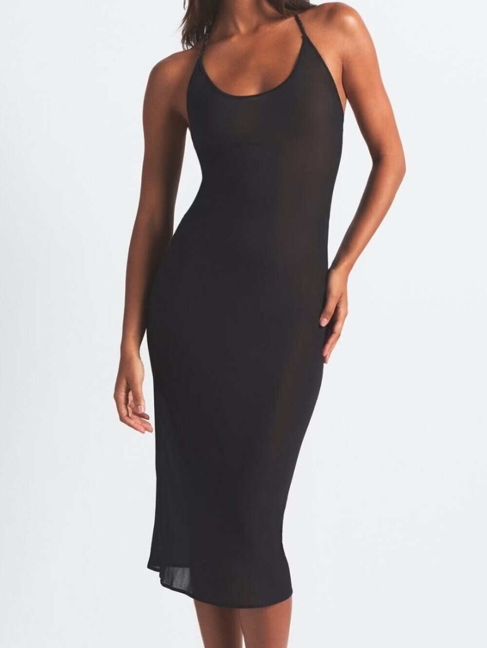 Skims Rhinestone Knit Tie Halter Midi Slip Dress Black Onyx Small NEW